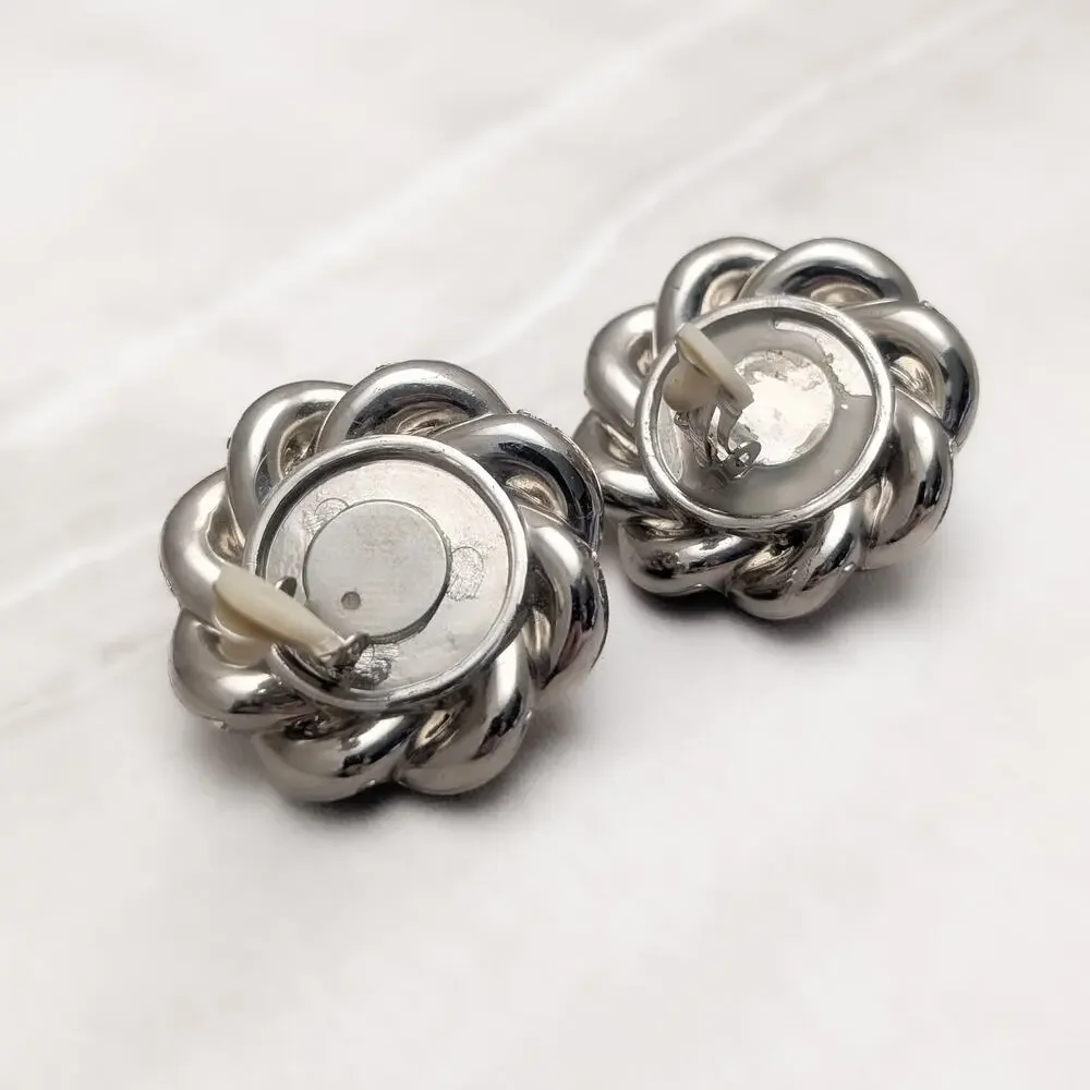 Vintage Clip On Earrings Extra Large Silver Tone Chunky Twist Halo Statement